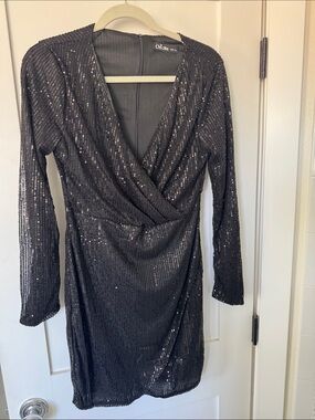 Chic Me Black Sequin Long-Sleeve Wrap Dress